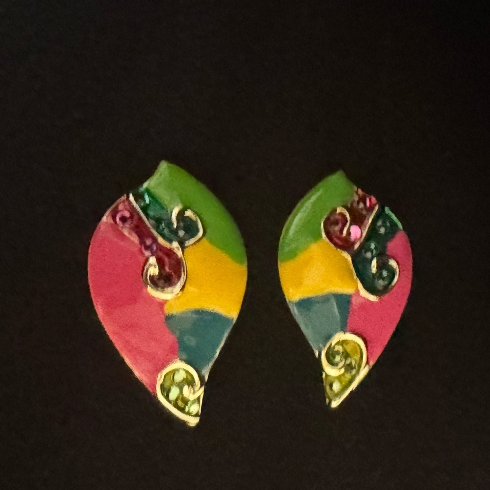 Vintage Color Block Enamel Clip-On Earrings | 80s Abstract Modernist Statement